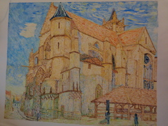 L'église De Moret Au Soleil.D'Après A.Sisley.La Feuille :630 X 500 Mm.Acrylique Sur Papier Par Debeaupuis.1977. - Acryliques