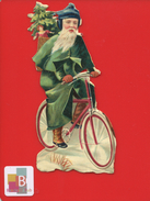 Très Jolie Chromo Découpis Père Noël à Bicyclette Vélo Sapin1890 En Bel état 13 Cm - Di Natale