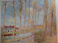 Le Canal Du Loing.D'après Alfred Sisley.la Feuille:610 X 485 Mm.Acrylique Sur Papier Par Debeaupuis.1972 - Acrilicos