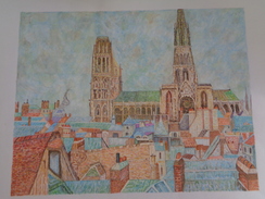 Toits Du Vieux Rouen,temps Gris.d'après Camille Pissaro.la Feuille:560 X 440 Mm.Acrylique Sur Papier Par Debeaupuis.1983 - Acryl