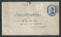 US POSTAL CARD ENTIER POSTAL EFFIGIE MAC KINLEY ONE CENT NEW YORK 1912 POUR PARIS : - Andere & Zonder Classificatie