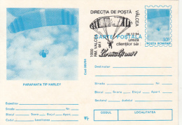 55695- HARLEY PARAGLIDER, PARACHUTTING, POSTCARD STATIONERY, 1994, ROMANIA - Parachutting