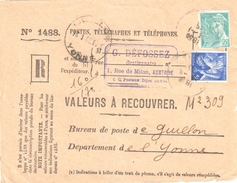 3718 AUXERRE Yonne 89 Devant Enveloppe Valeur à Recouvrer Recommandé Provisoire Ob 1945 Mercure 50c Iris 4 F Yv 656 538 - Lettres & Documents