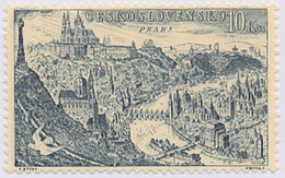 Czechoslovakia / Stamps (1955) L0041 (Air Mail Stamp): City Prague (castle, City, Church, Bridge); Painter: J. Schmidt - Islas