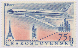 Czechoslovakia / Stamps (1957) L0042 (Air Mail Stamp): CSA 1957 (TU 104, Paris, Prague, Moscow); Painter: F. Hudecek - Corréo Aéreo