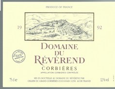 étiquette Vin  Domaine  Du Révérend Corbières 1992 - Vin De Pays D'Oc