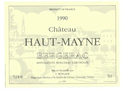 étiquette Vin  Chateau Haut Mayne  Bergerac 1990 - Bergerac