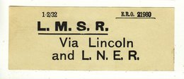 Railway Luggage Label LMS Via Lincoln & LNER - Eisenbahnverkehr