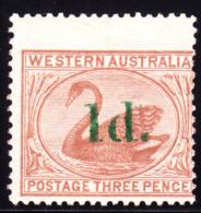 Western Australia 1865 1d On 3d Swan. Scott 57. MNG. - Neufs