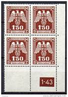 Böhmen Und Märhen - Dienstmarken - 1943 - Michel N° 20 **  Bloc De 4 Coin Avec Numéro - Ungebraucht
