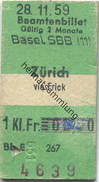 Schweiz - Beamtenbillet - Basel SBB Zürich Via Frick - Fahrkarte 1. Kl. 1959 - Europe