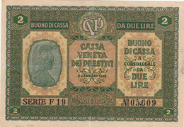 2 Lire Occupazione Austriaca, Cassa Veneta Dei Prestiti. 1918 Piega Al Centro - Other & Unclassified