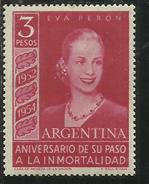 ARGENTINA 1954 EVA PERON 3 PESOS Watermarked "RA In Sun With Straight Rays" MNH - Neufs