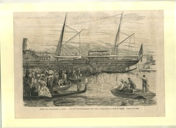 SEJOUR DE L'IMPERATRICE A VENISE . VISITEA BORD DE L'AIGLE . GRAVURE SUR BOIS DU XIXe S. DECOUPEE ET COLLEE SUR PAPIER . - Maritieme Decoratie