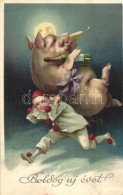 T4 'Boldog új évet' / New Year Greeting Card, Champagne Drinking Pig, Litho (EM) - Unclassified