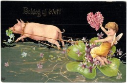 T2/T3 'Boldog új évet' / New Year Greeting Card, Fairy Riding A Pig, Litho (EK) - Unclassified