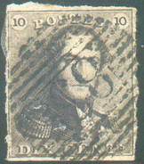 N°1 - Epaulette 10 Centimes Brune, Juste Margée, Obl. P.83 MONS  - 11632 - 1849 Schulterklappen