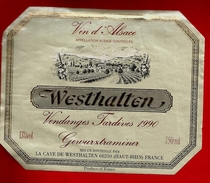 Etiquette De Vin D'Alsace Vendanges Tardives 1990 Westhalten Gewurstraminer - Alcool Vignoble Cru ... - Gewürztraminer
