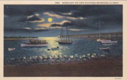 Illinois Waukegan Moonlight On Lake Michigan 1939 Curteich - Waukegan