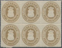 1862, Freimarken Wappen 2 Gr. Ultramarin Mit Durchstich Im Waagerechten 6er-Block, 5 Marken Postfrisch, Angefaltet.... - Oldenbourg