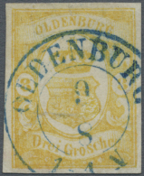 1861, 3 Gr. Dunkelgraugelb, Farbfrische Und Allseits Breitrandige Marke Mit Idealem Blauem K2 "OLDENBURG 9/8" (8... - Oldenburg