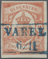 1859, 2 Gr. Dunkelzinnober, Farbfrische Und Allseits Voll/breitrandige Marke Mit Idealem Blauem Ra2 "VAREL 6/11",... - Oldenburg