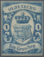 1861, 1 Gr. Dunkelkobaltblau Mit Plattenfehler: Zwei Punkte Oben Links Am Schriftband Und Blauer Keil Links Im... - Oldenbourg