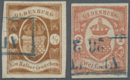 1861, 2 Marken. 1/2 Groschen Orangebraun Und 2 Groschen Rotorange. Beide Marken Vollrandig Und Bildseitig... - Oldenburg