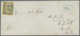 1859, 3 Groschen Schwarz Auf Gelb, Allseits Breitrandig Auf Damenbrief, Von Berne, Entwertet Mit Blauem... - Oldenbourg