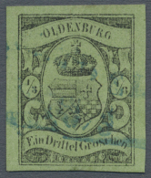 1859, 1/3 Gr. Schwarz Auf Grünlicholiv, Farbfrische Und Allseits Sehr Breitrandige Marke Mit Blauem Ra2 "VAREL... - Oldenburg