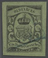 1859, 1/3 Gr. Schwarz/grünlicholiv, Riesenrandiges Stück (unten Vortrennschnitt) In Sehr Frischer... - Oldenbourg