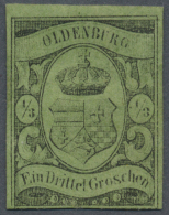 1859, Freimarke 1/3 Groschen Schwarz Auf Grünlicholiv, Ungebraucht Ohne Gummierung. Drei Seiten Voll- Bis... - Oldenbourg