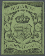 1859, Freimarke 1/3 Groschen Schwarz Auf Grün, Ungebraucht Ohne Gummierung. Allseits Voll- Bis Breitrandig... - Oldenburg