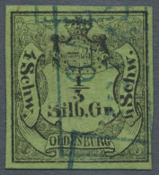 1852, 1/3 Sgr. Schwarz Auf Grünoliv Mit Blauem Rahmenstempel, Farbfrische Marke, Stempel Laut Berger BPP Nicht... - Oldenbourg