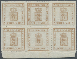 1864: 5 Sch. Braun, Gewöhnliches Papier, Ungebrauchter 6er-Block Mit Unterem Bogenrand (Durchstich Teils... - Mecklenburg-Schwerin