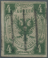 1859, 4 S Dunkelgrün Mit Wasserzeichen Und Zentrischem 5-Strich-Stempel, Farbfrisch Und Allseits Breitrandig,... - Luebeck