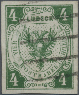 1859, 4 S Dunkelgrün, Gereinigt, Rückseitig Kleine, Hinterlegte Stellen, Fünfstrichstempel Des... - Luebeck
