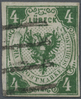 1859, 4 S Dunkelgrün, Gereinigt, Rückseitig Kleine, Aufgeraute Stellen, Fünfstrichstempel Des... - Luebeck