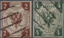 1859, 2 S Rötlichbraun Und 4 S Dunkelgrün Mit Wasserzeichen Und Je Klarem 5-Strich-Stempel, Farbfrische... - Luebeck