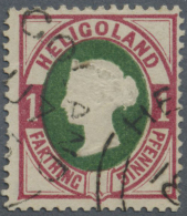 1875, 1 F./1 Pf. Lilakarmin/dunkelgrün Gest. "HELIGOLAND JU .7 75", Farbfrische Marke, Drei Leicht... - Héligoland