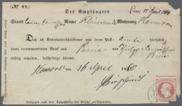 1864, Vordruck-Emfangsbestätigung Mit Durchstochener 1 Gr. Rot, Weisser Gummi Als 
Einzelfrankatur Von... - Hanover