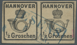 1860, 1/2 Gr. Schwarz Als Gestempeltes, Waagerechtes Paar Mit Blauem Ra 2. Rs. Rosa Signum, Welches Durch Die Marke... - Hanover