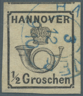 1860, ½ Gr. Schwarz, Allseits Breitrandig, Sauber Entwertet Mit Blauem K2 "HANNOVER / 3 12...", Signiert... - Hanovre
