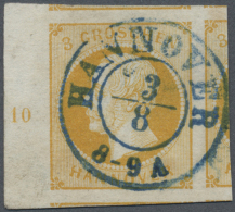 1859, Freimarke König Georg V. 3 Gr Gelborange, Links Mit Randnummer 10, Extrem Breitrandig Mit Teilen Von 4... - Hanovre