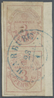 1853, 3 Pf. / 1/3 Sgr. Mattlilarosa Im Senkrechten Paar Auf Briefstück Mit Falz Befestigt, Blauer Abschlag... - Hanovre