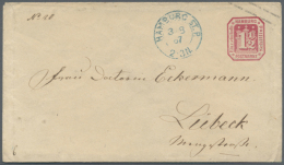 1866, GA-Umschlag 1 1/2 Sch. Karmin Mit Blauem K2 HAMBURG ST. P. / 3.8.67 Nach Lübeck, Einwandfreie... - Hambourg