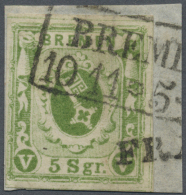 1859, 5 Sgr. Moosgrün, Geschnitten, Mit Schwarzem Rahmenstempel "BREME(N) 10 11 * 5 (-6)", Die Voll- Bis... - Bremen