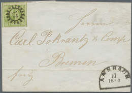 1856, Incoming Mail Aus ANSBACH/Bayern Mit Breitrandiger 9 Kr. Grün Entwertet Mit Idealem GMR "12" (D) - Bremen