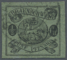 1861, 1/2 Gr./5 Pfg. Schwarz Auf Dünnem Papier, Allseist Breitrandig, Gestempelt, Pracht, Signiert Lange BPP... - Brunswick