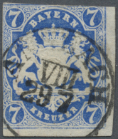 1868, 7 Kr. In Seltener Farbe PREUSSISCHBLAU, Rechts Und Unten Breitrandig, Sonst Berührt, Kleiner Eckbug,... - Other & Unclassified